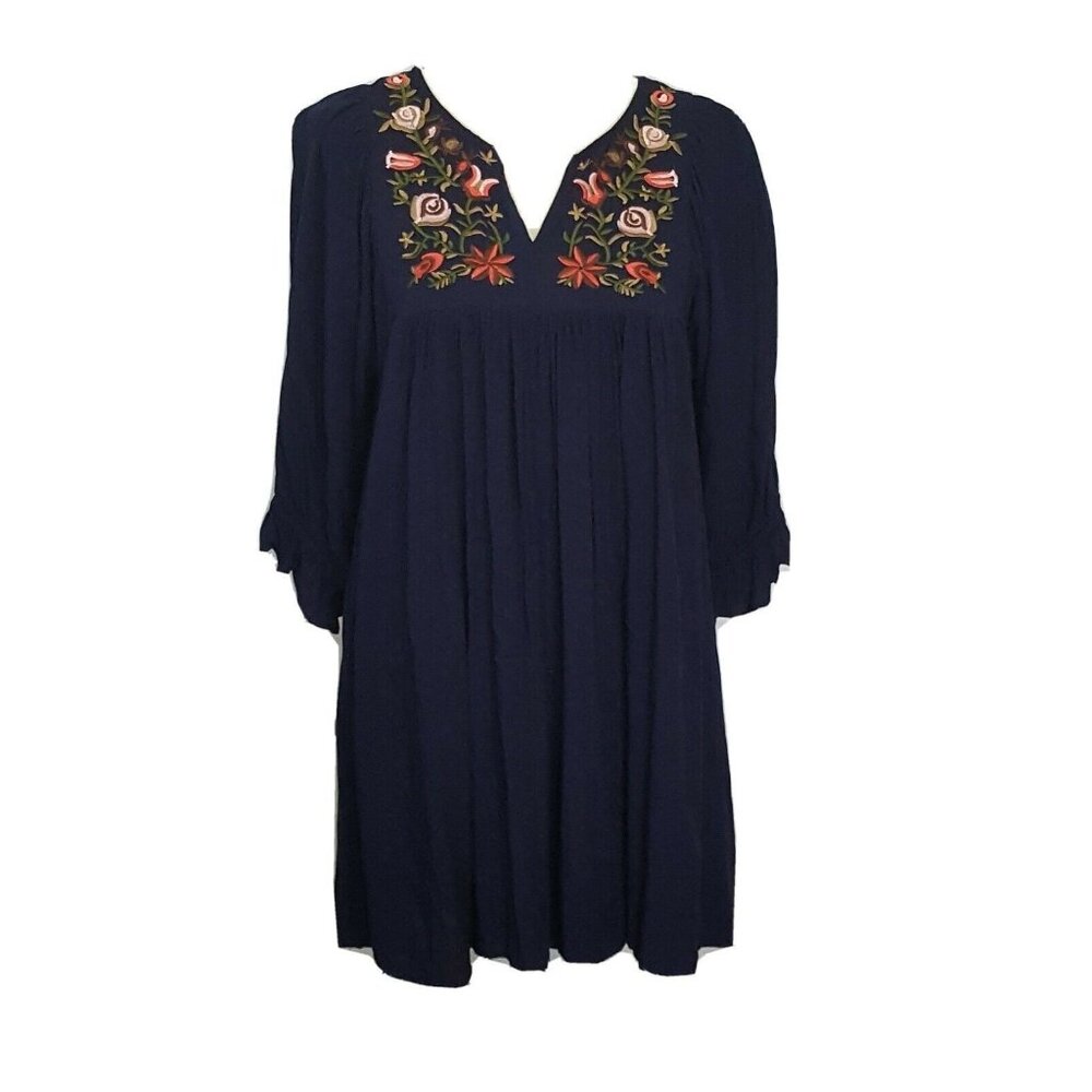 Jodifl Peasant Top Small Boho Embroidered Navy 3/4 Sleeve Lined‎ NWT